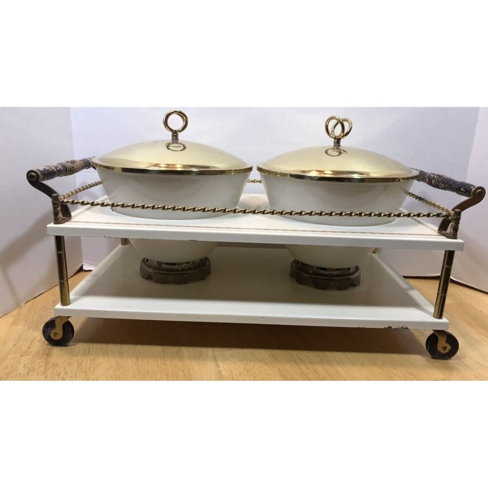 SUPER RARE Fire King Chafing Dish White Bowls & Brass w/ OFF-WHITE Stand UNUSUAL
